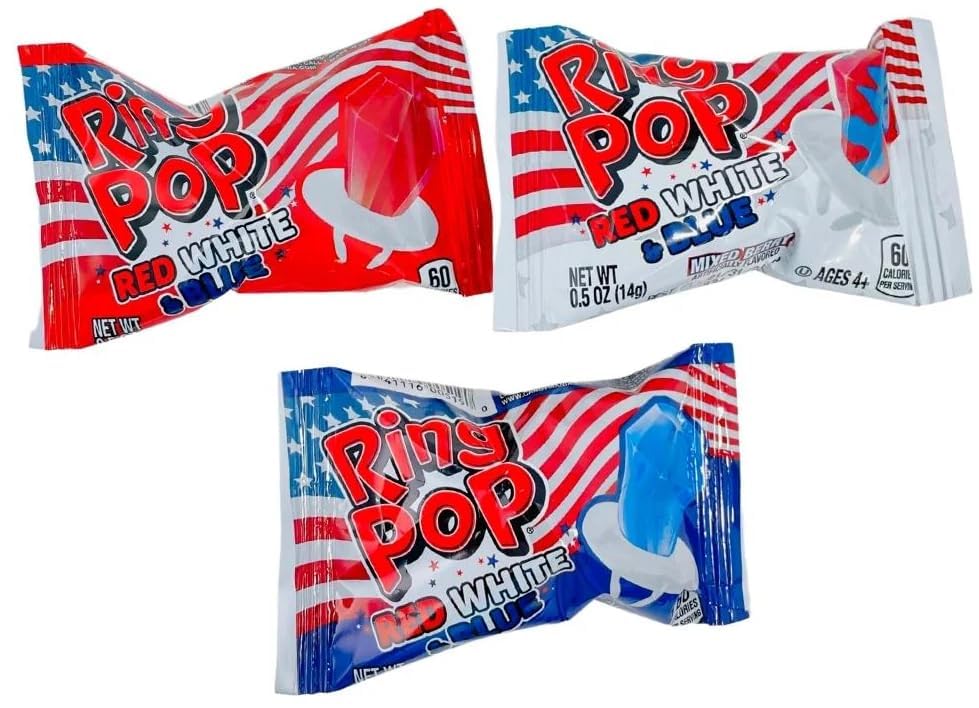 Ring Pop Candy 32 Count (Pack of 1) Red White and Blue Candy - Ring Pops Bulk Candy Lollipop Variety Party Pack, Fun Candy For Birthdays, 4th of july candy, Patriotic Candy.