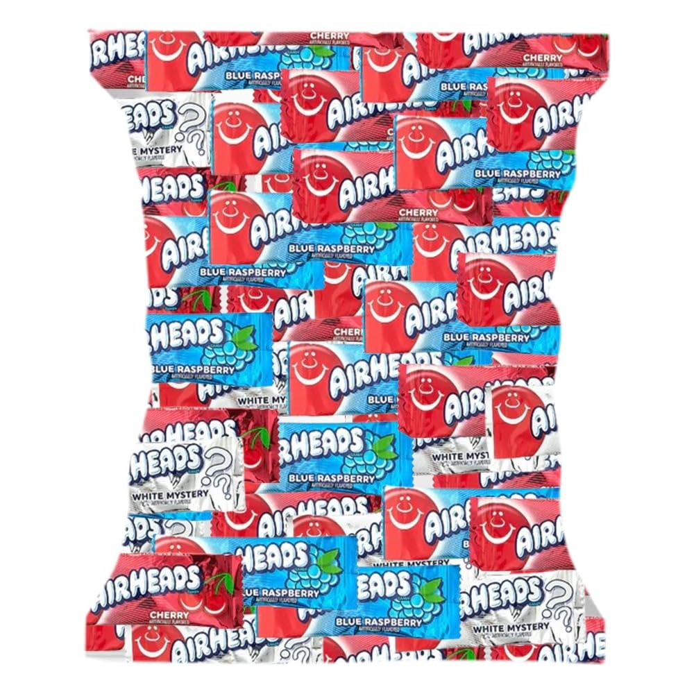 Airheads Candy Mini Bars Cherry, Blue Respberry & White Mystery Flavor (2lb 80 Pcs) Bulk Bag