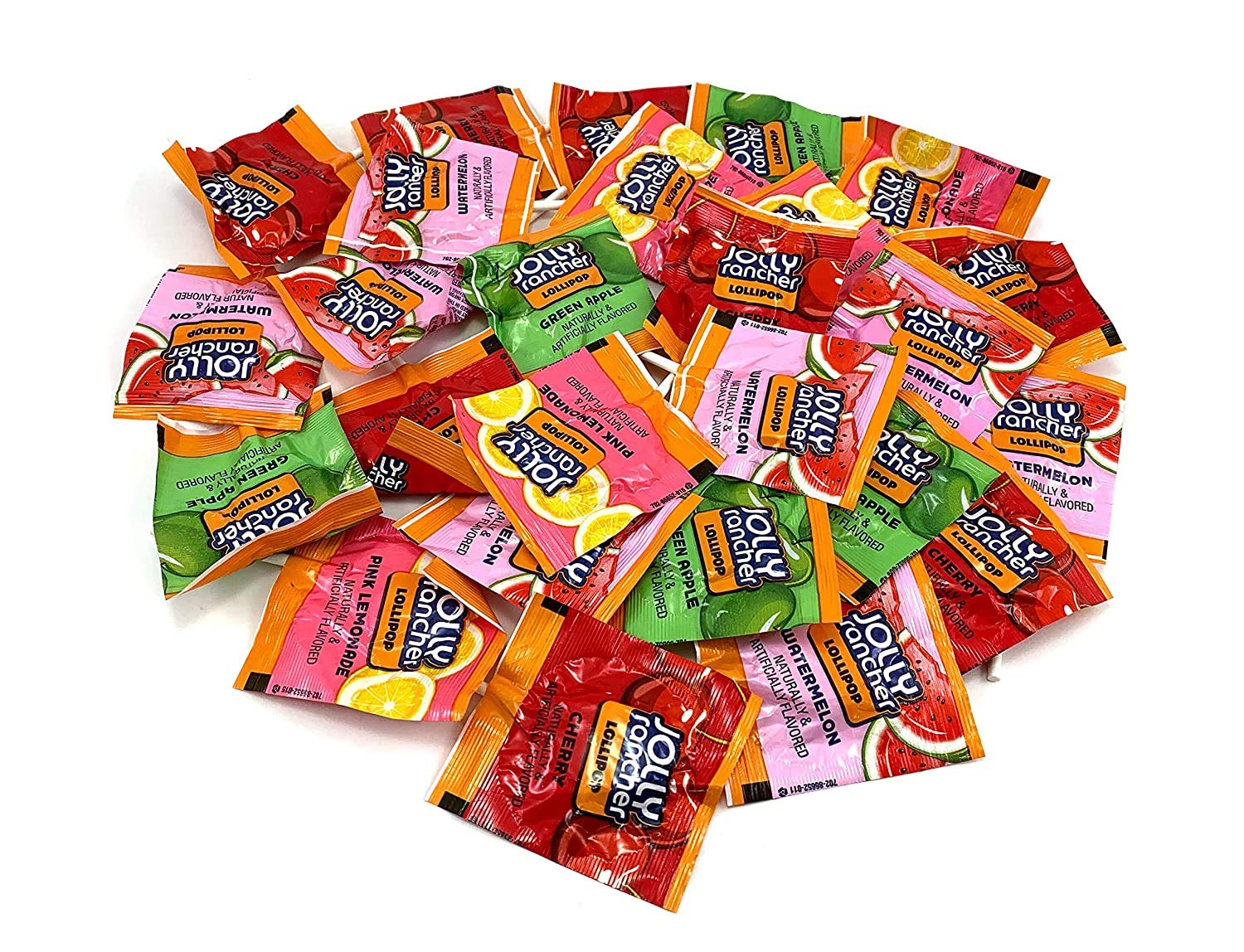 Jolly Rancher Flat Lollipops - (1lb 65+ Pieces) Bulk Assorted Flavors Green Apple, Cherry, Watermelon and Pink Lemonade lollipops - Bulk Individually Wrapped Candy for Parties & Events