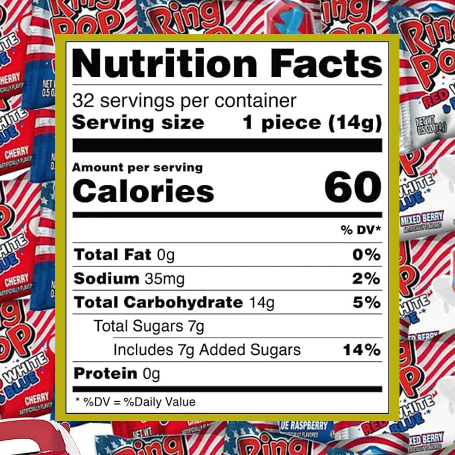 Ring Pop Candy 32 Count (Pack of 1) Red White and Blue Candy - Ring Pops Bulk Candy Lollipop Variety Party Pack, Fun Candy For Birthdays, 4th of july candy, Patriotic Candy.