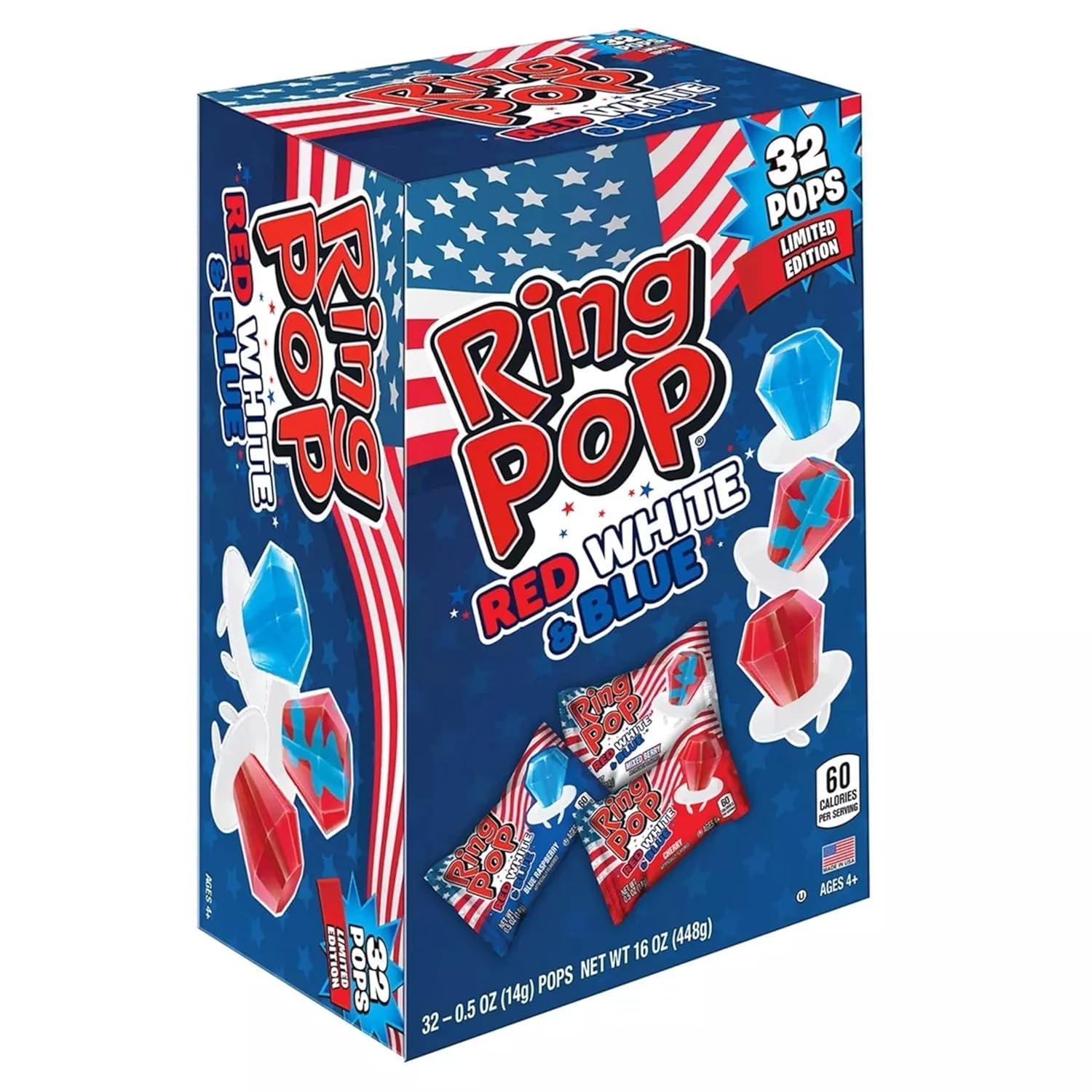 Ring Pop Candy 32 Count (Pack of 1) Red White and Blue Candy - Ring Pops Bulk Candy Lollipop Variety Party Pack, Fun Candy For Birthdays, 4th of july candy, Patriotic Candy.