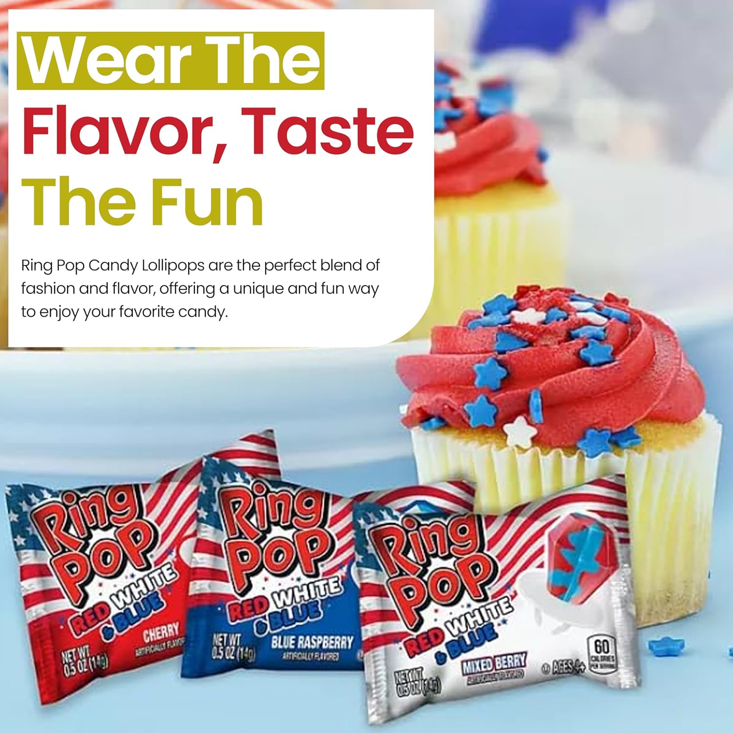 Ring Pop Candy 32 Count (Pack of 1) Red White and Blue Candy - Ring Pops Bulk Candy Lollipop Variety Party Pack, Fun Candy For Birthdays, 4th of july candy, Patriotic Candy.
