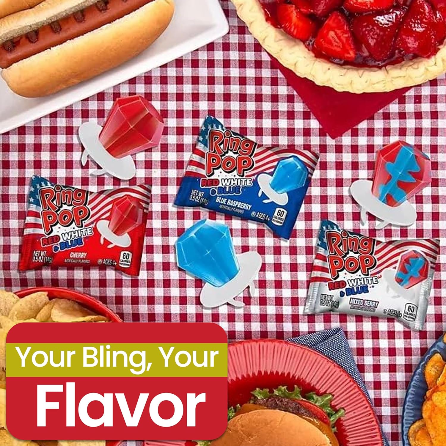 Ring Pop Candy 32 Count (Pack of 1) Red White and Blue Candy - Ring Pops Bulk Candy Lollipop Variety Party Pack, Fun Candy For Birthdays, 4th of july candy, Patriotic Candy.